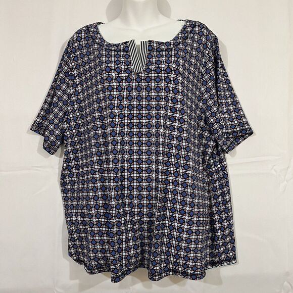Talbots Blouse Shirt V Neck Top Geometric Red Blue Black White NWT $70 2XL 0728 - Picture 1 of 8
